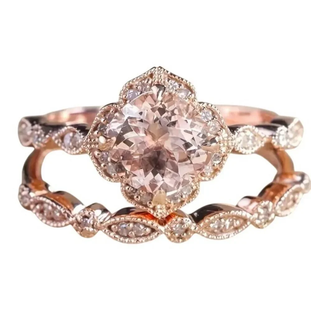 2 ct Round Cut Morganite & moissanite diamond Bridal Engagement Wedding Ring Set